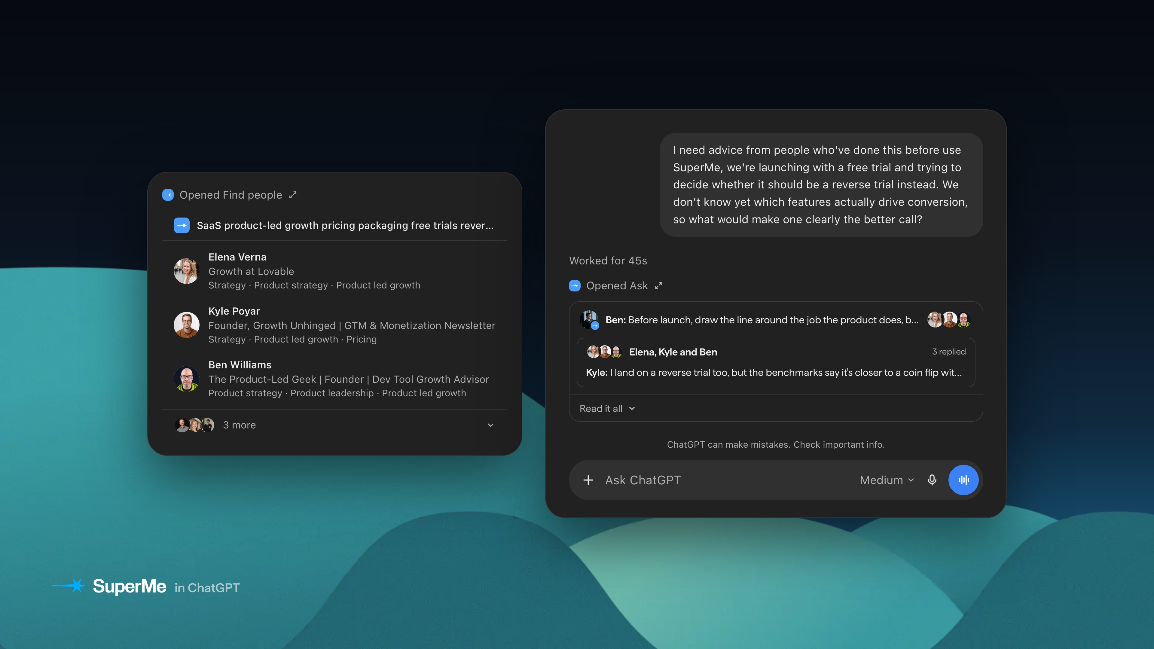 SuperMe in ChatGPT: it finds growth and pricing experts, then brings back a group chat where Elena, Kyle, and Ben weigh a free trial against a reverse trial