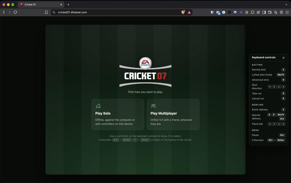 cricket 07 with an online multiplayer mode. play with your friends
all you need is a web browser
link: https://cricket07.dhaiwat.com